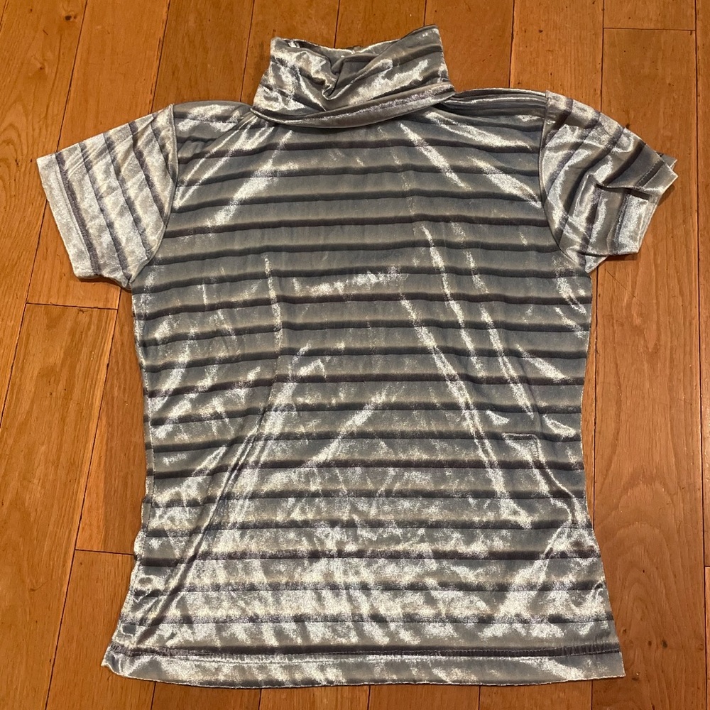 Striped Silver Blue Velvet Turtleneck Tee Top